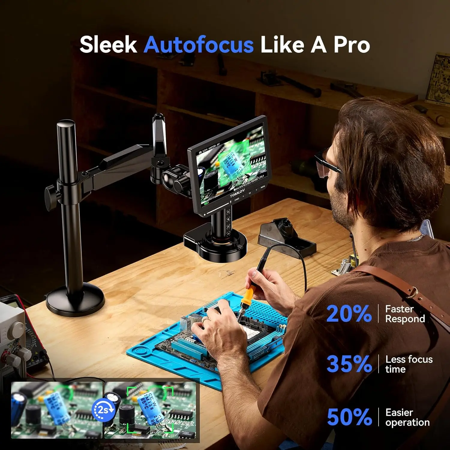 Digital Microscope 4K Hdmi 2000X - TOMLOV TM4K-AF Flex Arm Autofocus 4K